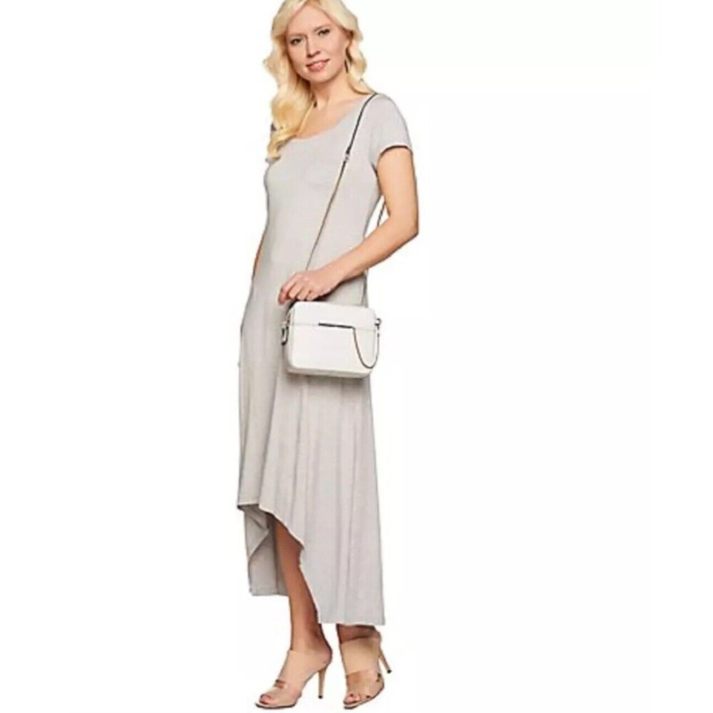 H by Halston Women Tan Heathered Scoop Neck High-Low Short Sleeve Maxi Dress S‎